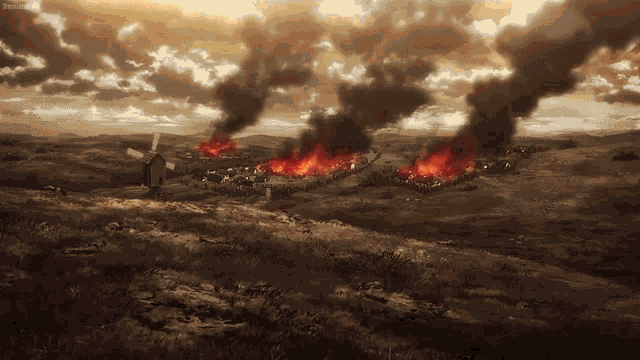 a painting of a burning village with smoke coming out of the sky