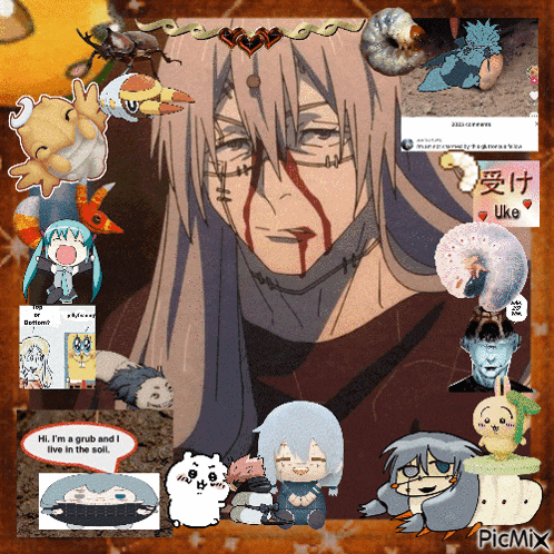 a picture of a man with blood on his face is surrounded by cartoon characters and a picmix logo