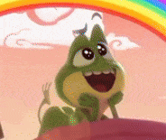 a frog is sitting in front of a rainbow and clouds