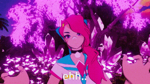 a girl with pink hair is standing in front of a tree with purple flowers and says ehhh