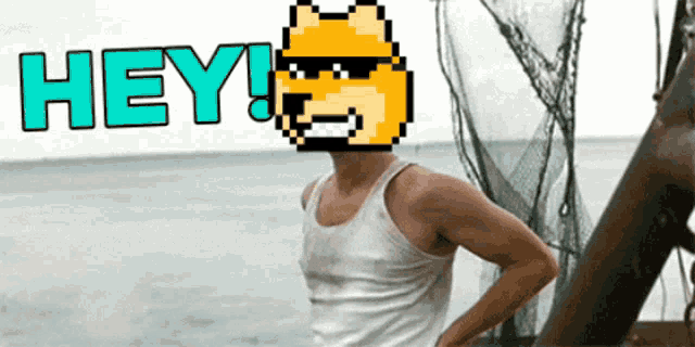 a man in a white tank top stands in front of the ocean with the word hey written above him