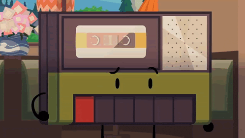 a cartoon drawing of a cassette tape player with a face