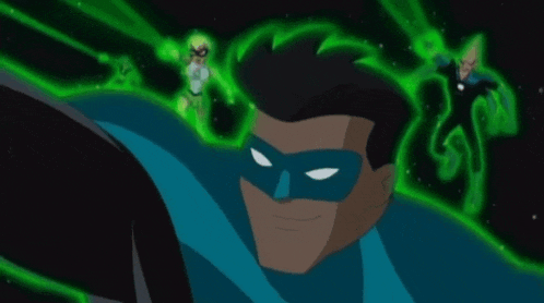 a man in a blue mask is smiling in front of a green light