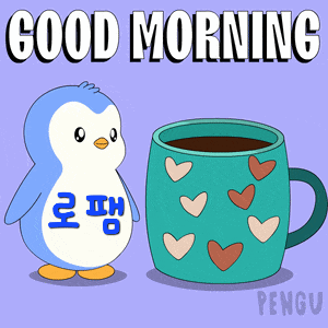 a penguin is standing next to a cup of coffee that says good morning pengu