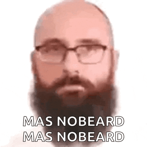 a man with a beard and glasses is wearing a mask that says mas nobeard mas nobeard .