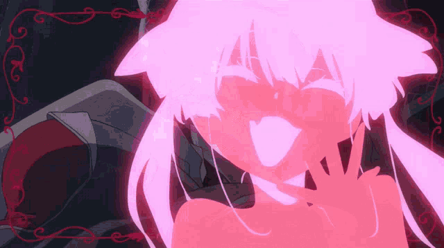 a girl with pink hair and a cat ear is making a funny face