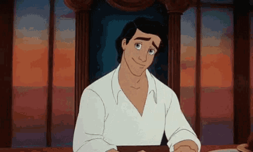 a cartoon character from the little mermaid is sitting at a table .