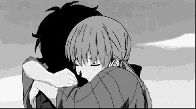 a black and white drawing of two people hugging