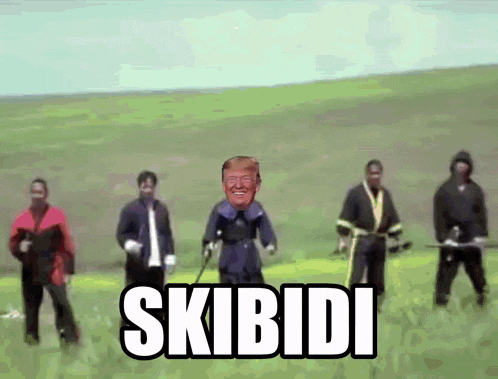 a group of men are standing in a grassy field with skibidi written in white letters