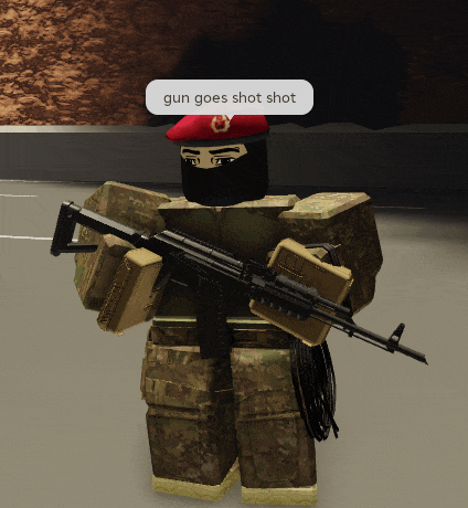 a soldier with a red beret and a gun says gun goes shot shot