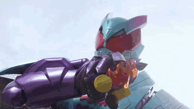 a purple robot with a red helmet is holding a sword