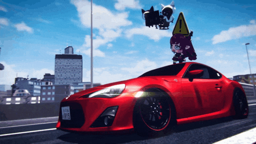 a red car with a license plate that says 8r15