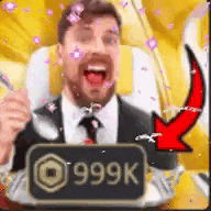 a man in a suit and tie is holding a spoon and a sign that says 999k