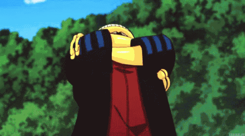 a cartoon character is standing in front of a forest .