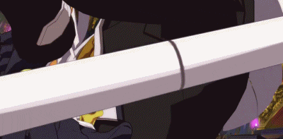 a man in a suit and tie is holding a white sword