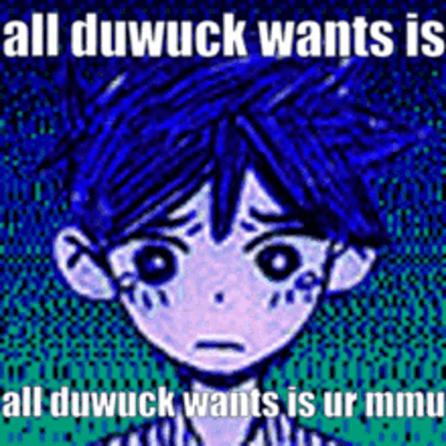 a cartoon of a boy with blue hair and a purple face .