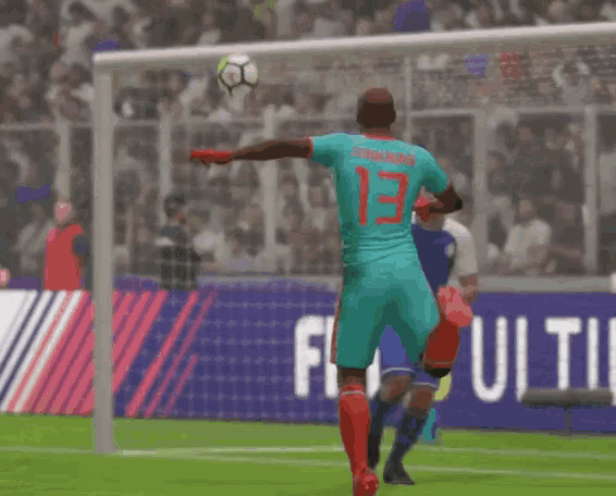 a soccer player with the number 13 on the back of his shirt
