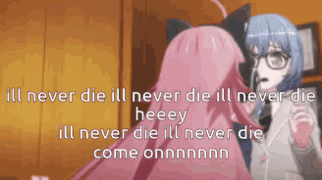 a girl with glasses is talking to another girl with pink hair