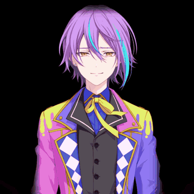 a colorful anime character with purple hair and a yellow tie