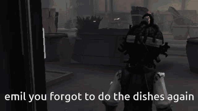 a screenshot of a video game with the words emil you forgot to do the dishes again
