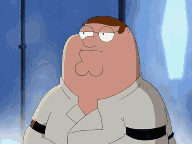 peter griffin from family guy is wearing a white jacket with a black belt around his waist