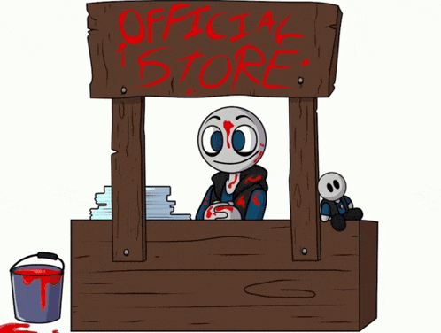 a cartoon drawing of a man behind a sign that says official store
