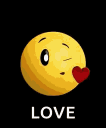 a yellow smiley face is blowing a kiss with a red heart in front of it .
