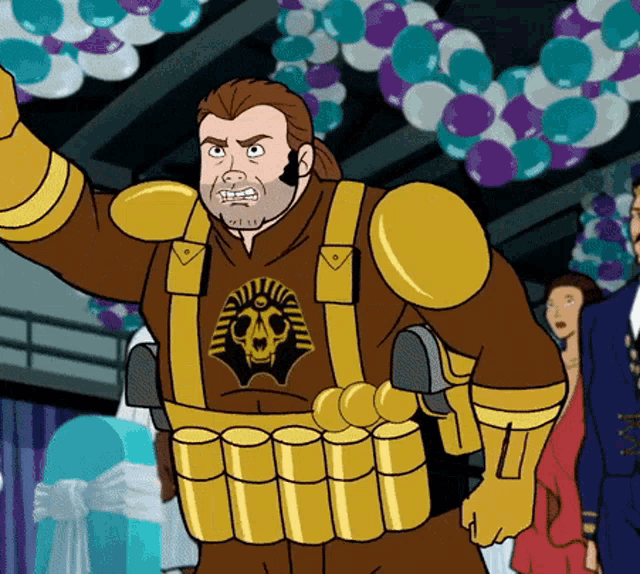 a cartoon man with a skull on his chest