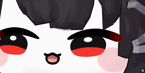 a close up of a cartoon character 's face with black eyes and red lips