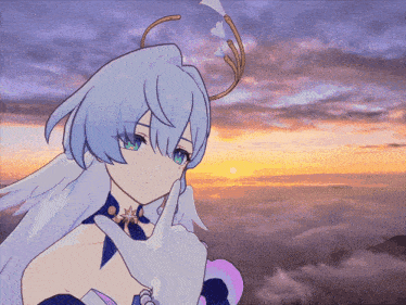 a drawing of a girl with a crown on her head and a sunset in the background
