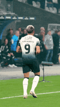 a soccer player wearing a number 9 jersey stands on the field