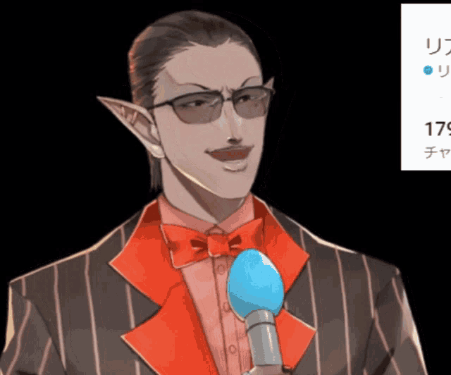 a man wearing glasses and a red bow tie holds a microphone