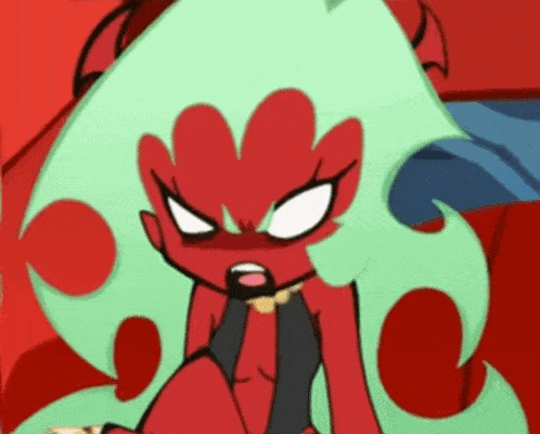 a red and green cartoon character with a very angry face