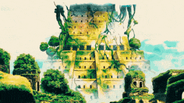 a painting of a castle with trees growing out of it