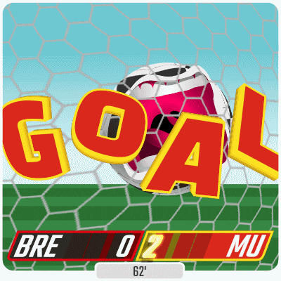 a soccer ball is going through a goal net and the score is bre 02 mu 62