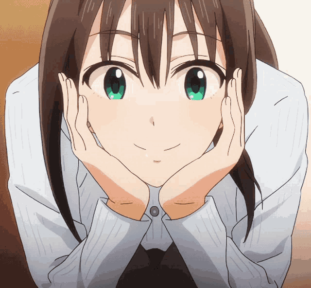 a close up of a girl with green eyes