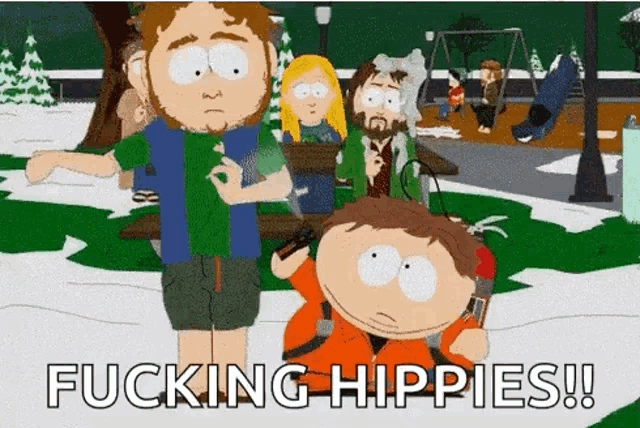 a cartoon of a group of people standing next to each other in a park with the words `` fucking hippies '' .