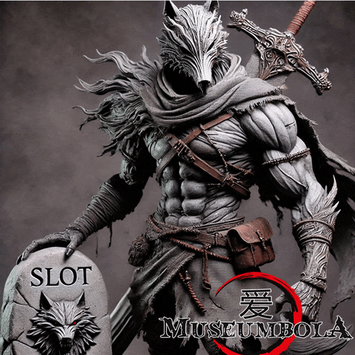 a statue of a wolf holding a sword and a tombstone that says slot museum bola