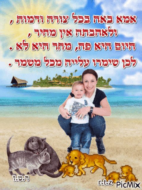 a picture of a woman holding a child on a beach with cats and puppies
