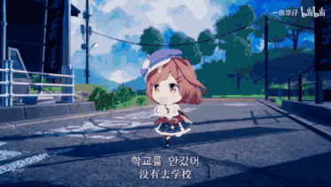 a girl in a blue hat is walking down a street with chinese writing on it