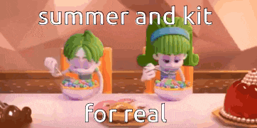 two cartoon characters are sitting at a table eating cereal with the words summer and kit for real below them