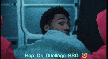 a man in an ambulance with the words hop on duolingo bbg on the bottom
