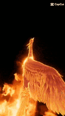 a phoenix is standing in the middle of a fire with its wings outstretched .