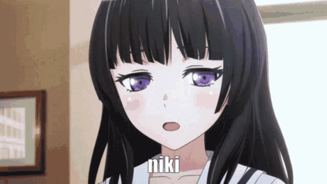 a black haired anime girl with purple eyes and the name niki on her face