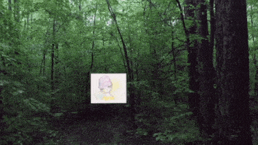a drawing of a girl in a pink hat is in the middle of the forest