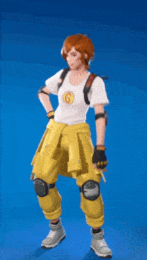 a person wearing yellow pants and a white shirt with a 6 on it