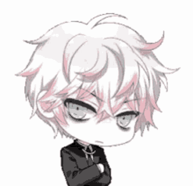 a chibi boy with white hair and blue eyes is wearing a suit and tie and smoking a cigarette .