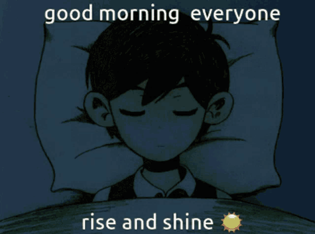 a cartoon of a boy sleeping with the words good morning everyone rise and shine
