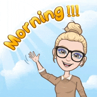 a cartoon woman wearing glasses and a bun is waving her hand and says morning !!!