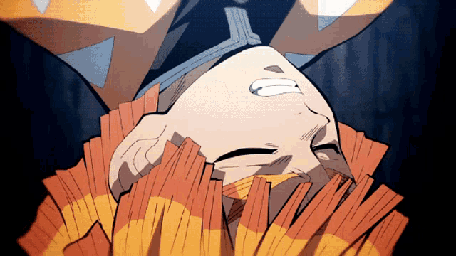 a close up of a cartoon character 's face with a fan covering his mouth
